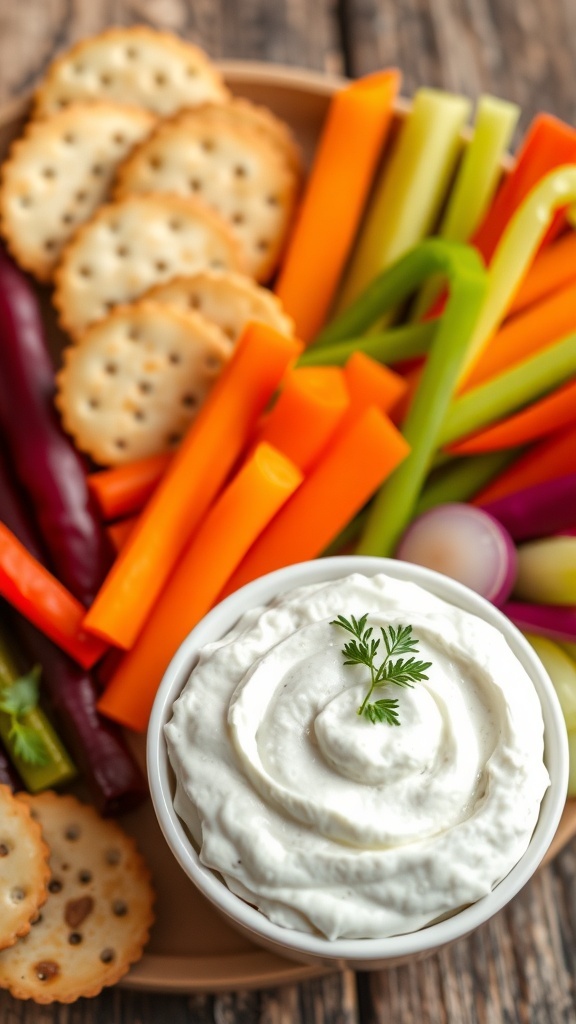 Creamy Feta Mousse Recipe Creamy feta mousse in a bowl with fresh herbs, served with vegetables and crackers.